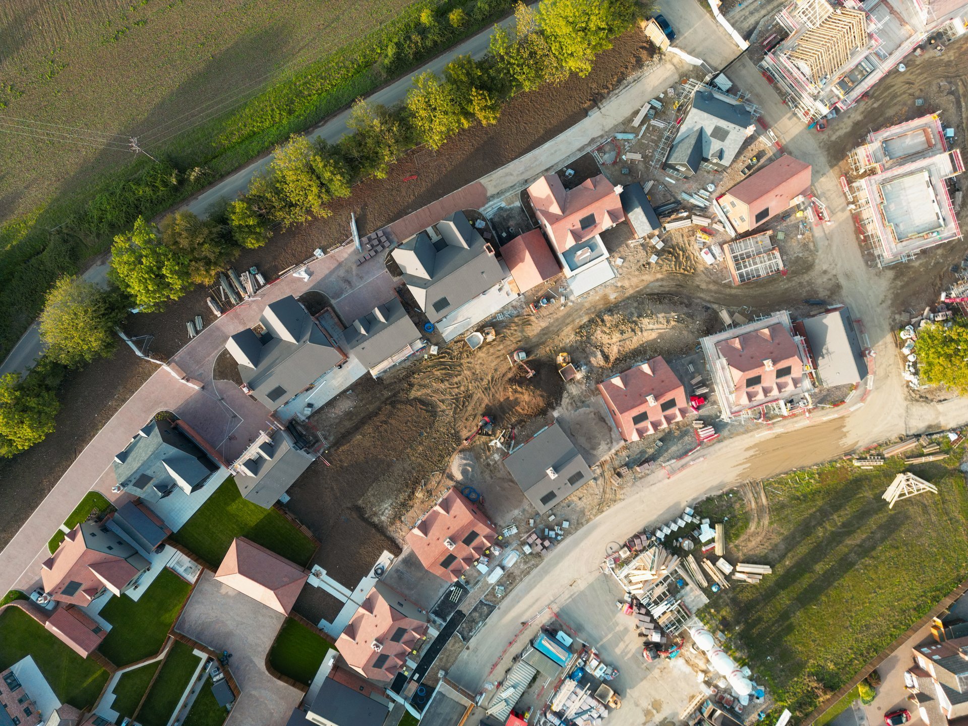 Drone top down view of new homes on a housing estate