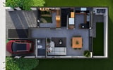 Overhead floor plan of a modern home showing living spaces, kitchen, bedroom, garage with red car, and landscaping