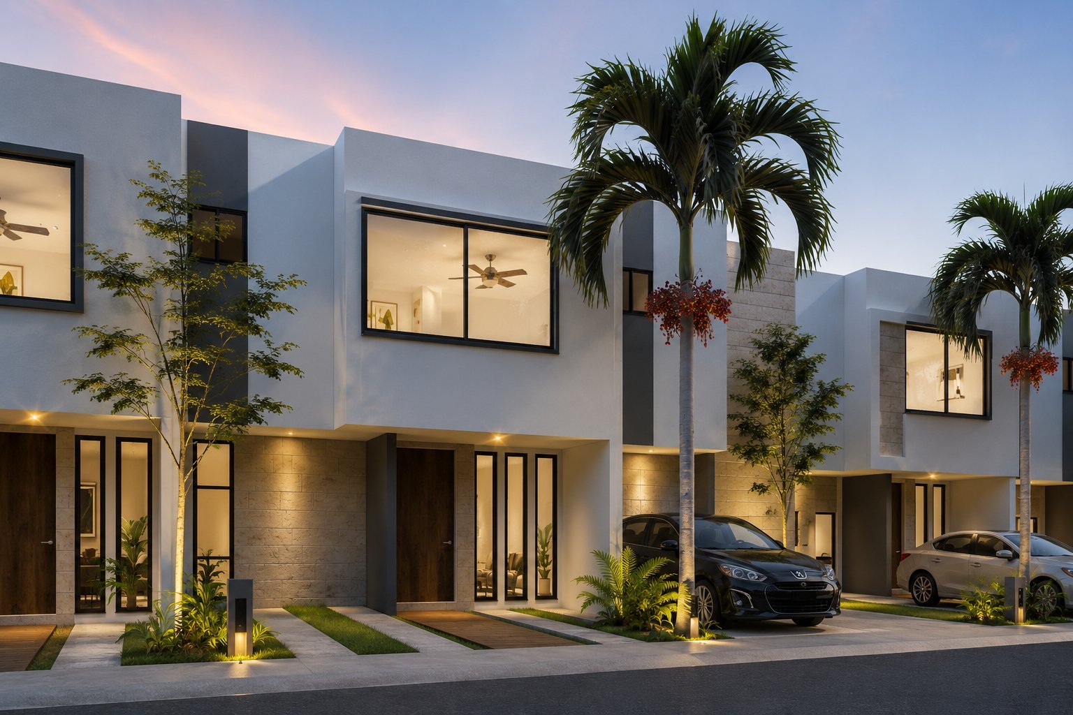 Modern white townhouses with illuminated windows, palm trees, and parked cars at dusk