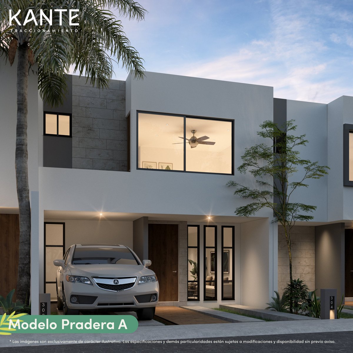 Modern minimalist two-story white house with garage, car parked outside, large windows, palm tree, and tropical plants