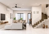 Modern open-plan living room with cream sofa, TV wall, staircase, and natural lighting from large windows