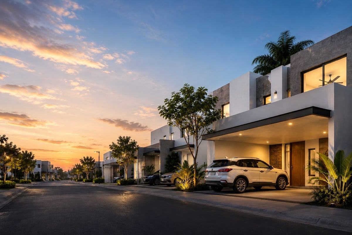 Modern white residential house at sunset with illuminated windows, palm trees, and white car in driveway on tree-lined suburban street