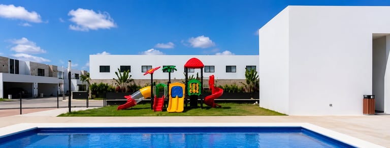 Modern white residential compound with swimming pool, colorful playground equipment, and manicured lawn under blue sky