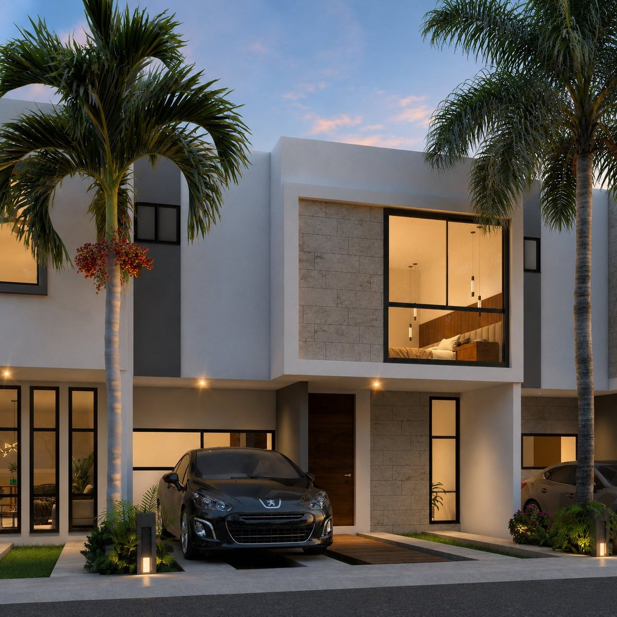 Modern white two-story house with black car in driveway, palm trees, and illuminated interior at dusk