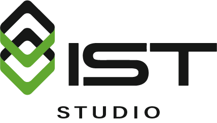 IST Studio logo featuring a green and gray chevron icon with IST text and studio label below