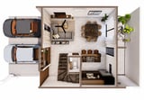 Top-down floor plan of a residential apartment showing garage, kitchen, living area, bedroom, and bathroom with furniture layout