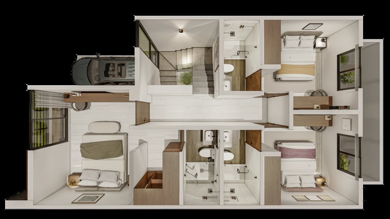 3D floor plan of a two-bedroom apartment showing kitchen, bathrooms, living areas, and bedroom layouts in isometric view.