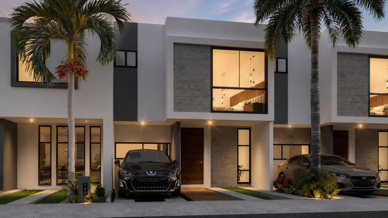 Modern townhouse facade at dusk with white and gray exterior, large windows, black SUV in garage, and palm trees flanking the entrance