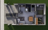 Overhead floor plan view of a modern apartment with kitchen, living area, bedrooms, and bathroom layout