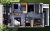 Overhead floor plan view of a modern apartment layout showing kitchen, two bedrooms, bathrooms, and living spaces with furniture placement