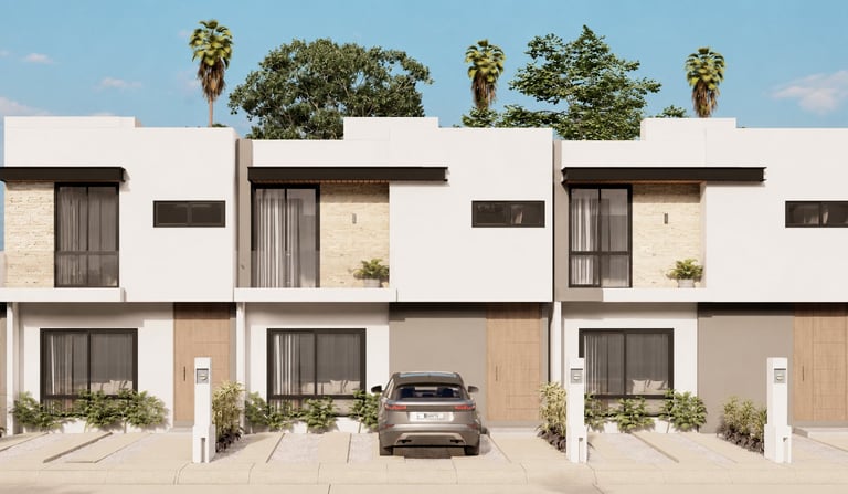 Modern townhouse complex with white and beige facades, large windows, brown doors, and palm trees in background