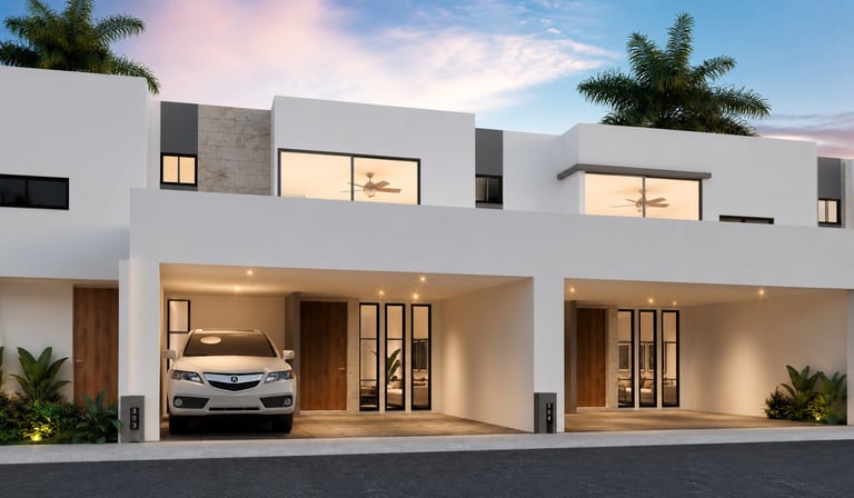 Modern white townhouses with open garage featuring a silver car, large windows, and tropical landscaping at dusk