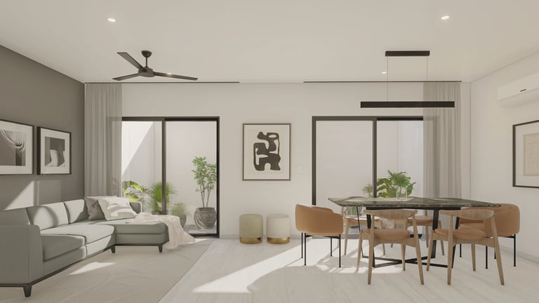 Modern open-plan living and dining room with gray sectional sofa, wooden dining table with chairs, and large windows with natural light