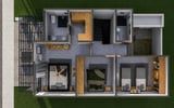 Overhead floor plan of a modern apartment showing multiple rooms, kitchen, bathrooms, and living areas with furniture layout