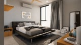 Modern bedroom with black platform bed, gray bedding, wooden accents, wall art, and floor-to-ceiling window with curtains