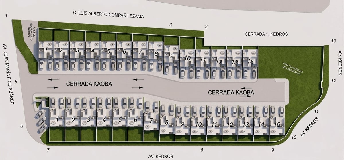 Aerial site plan showing residential housing layout with numbered units arranged around green courtyards and internal pathways