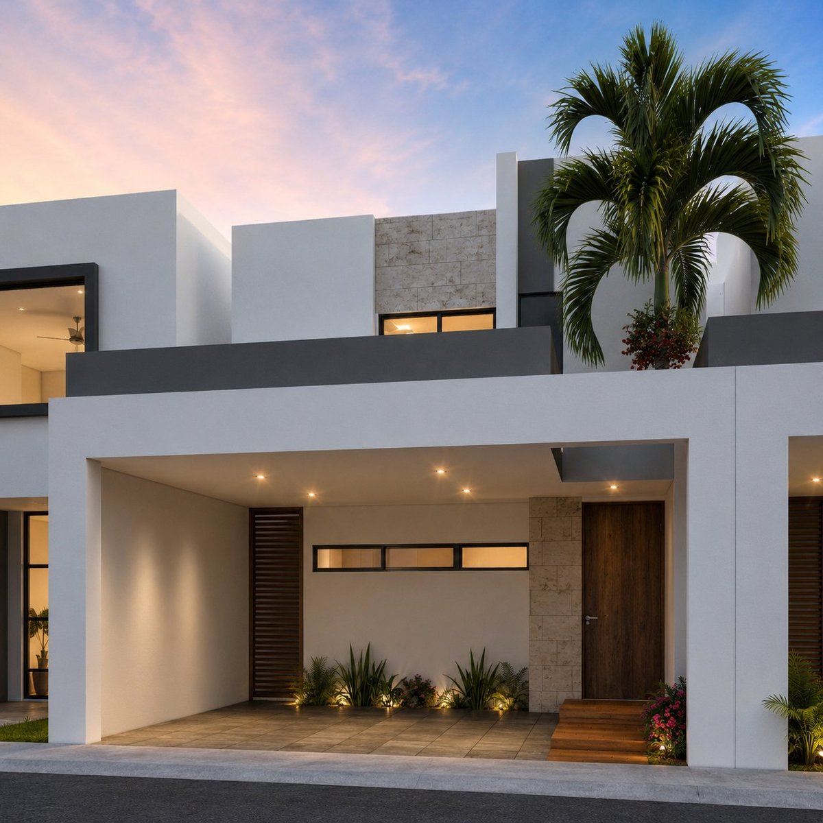 Modern white and gray two-story house with open garage, palm tree, and evening illumination