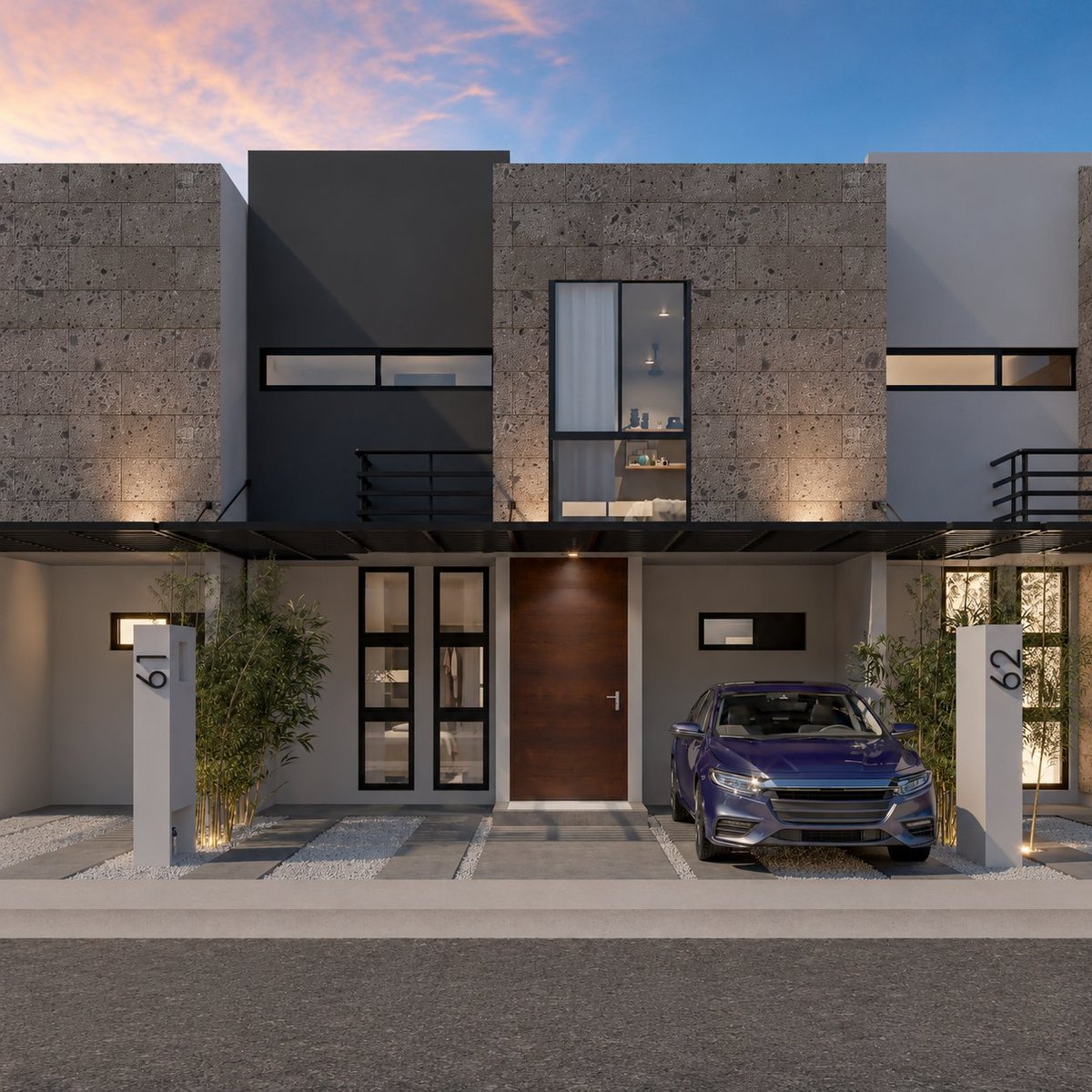 Modern minimalist townhouse exterior at dusk with concrete and dark accents, featuring a blue car in the garage and landscaping