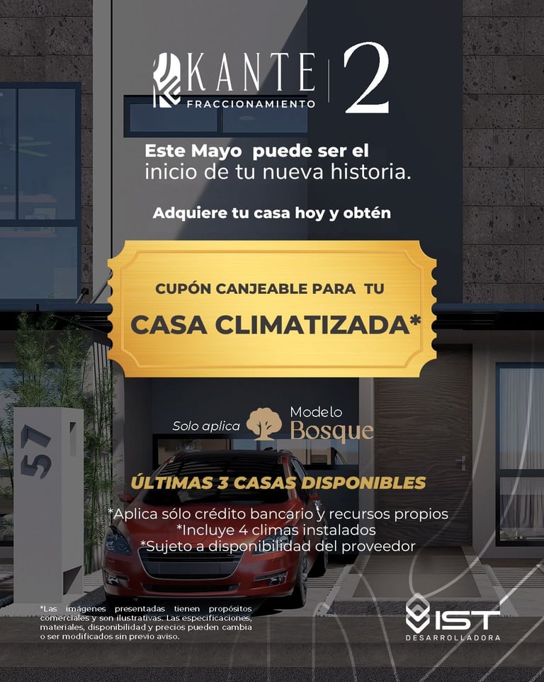 Spanish real estate advertisement for Kante 2 development offering redeemable voucher for air-conditioned home purchase with 3 units available