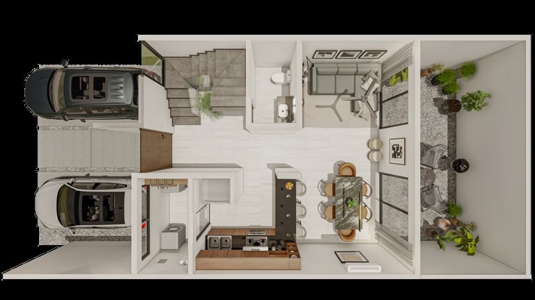 Overhead floor plan of a modern apartment showing two-car garage, open living area, kitchen, bathrooms, and courtyard garden