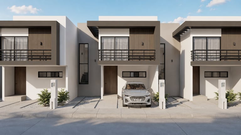 Row of three modern townhouses with white and gray facades, balconies, and a parked car in the driveway