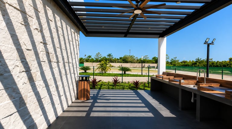 Modern pergola patio overlooking green fields and golf course with wooden seating area