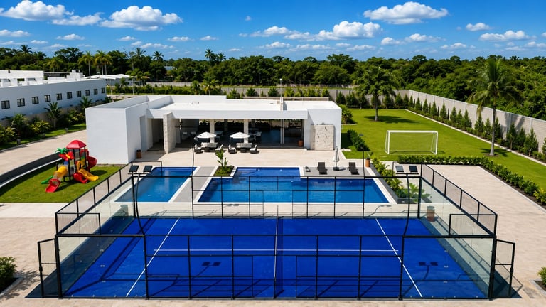 Aerial view of a modern home with a blue paddle tennis court, swimming pool, and sports facilities on a manicured property surrounded by greenery.