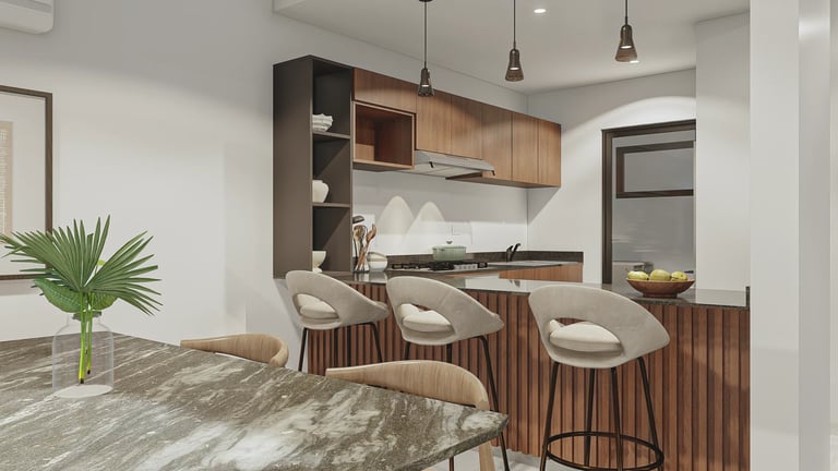 Modern kitchen and dining area with wood cabinetry, marble countertop, bar seating, pendant lights, and contemporary furniture