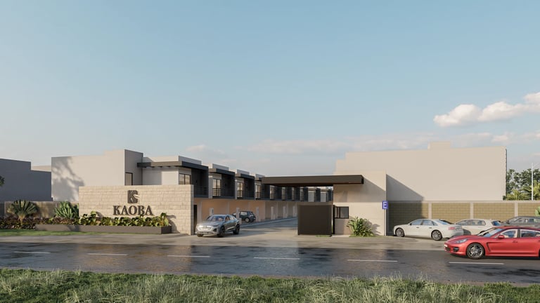 Modern kaoba building exterior with wet parking lot, parked vehicles including a red car, under clear blue sky with clouds