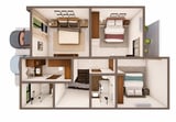 3D floor plan of a two-bedroom apartment showing layout with kitchen, living areas, bathrooms, and bedroom spaces